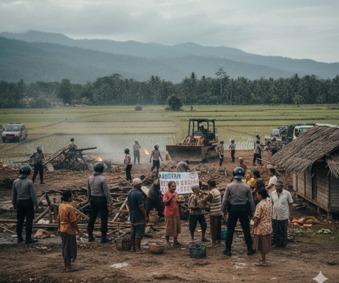 Penggusuran rumah dan lahan pertanian petani KPTHS di Padang Halaban oleh PT SMART dan aparat negara.